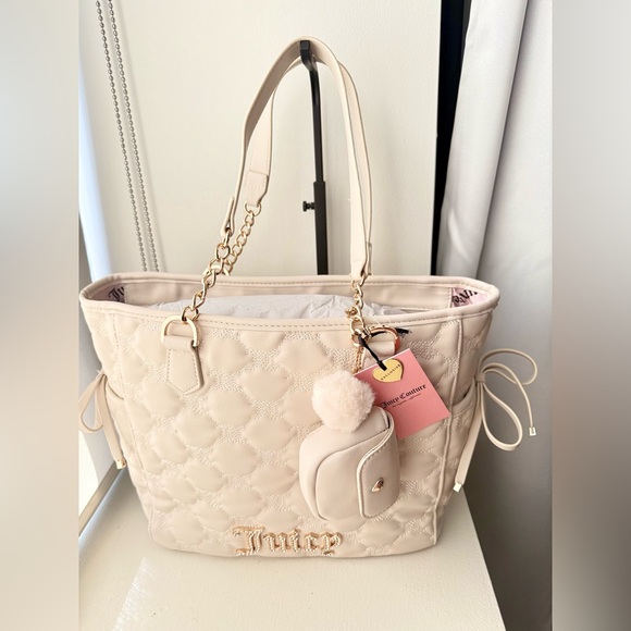 Juicy Couture Handbags - Juicy Couture Quilted Cream Bag + Pouch – Gold Chain, Pom-Pom Charm, NWT